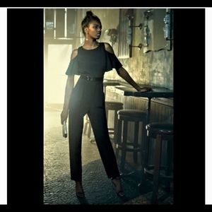 EUC Eliza J Black Flutter Sleeve Belted Jumpsuit